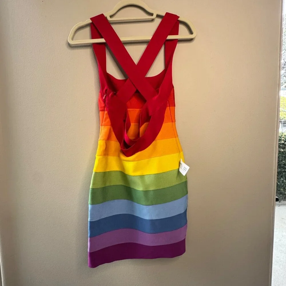 HERVE LEGER Rainbow Pride Bandage Dress Womens M NWT Bodycon Limited Edition NEW - Picture 2 of 13